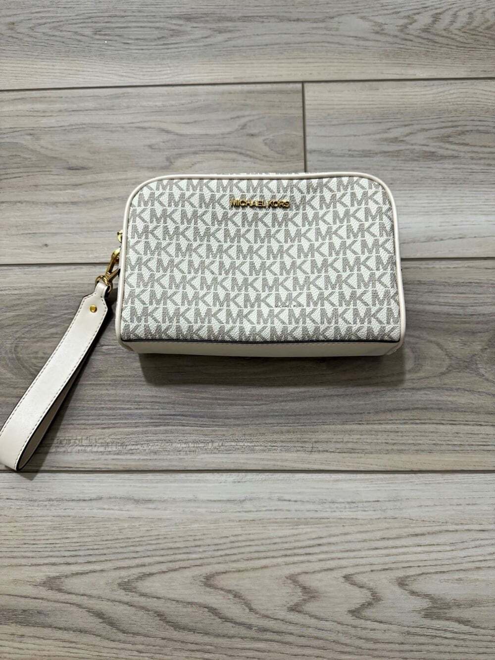 Michael Kors Jet Set Travel Large Double Zip Wristlet Pouch Vanilla MK Signature